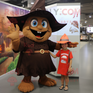 Brown Witch'S Hat mascot costume character dressed with a Overalls and Bracelet watches
