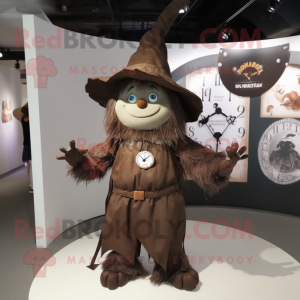 Brown Witch'S Hat mascot costume character dressed with a Overalls and Bracelet watches