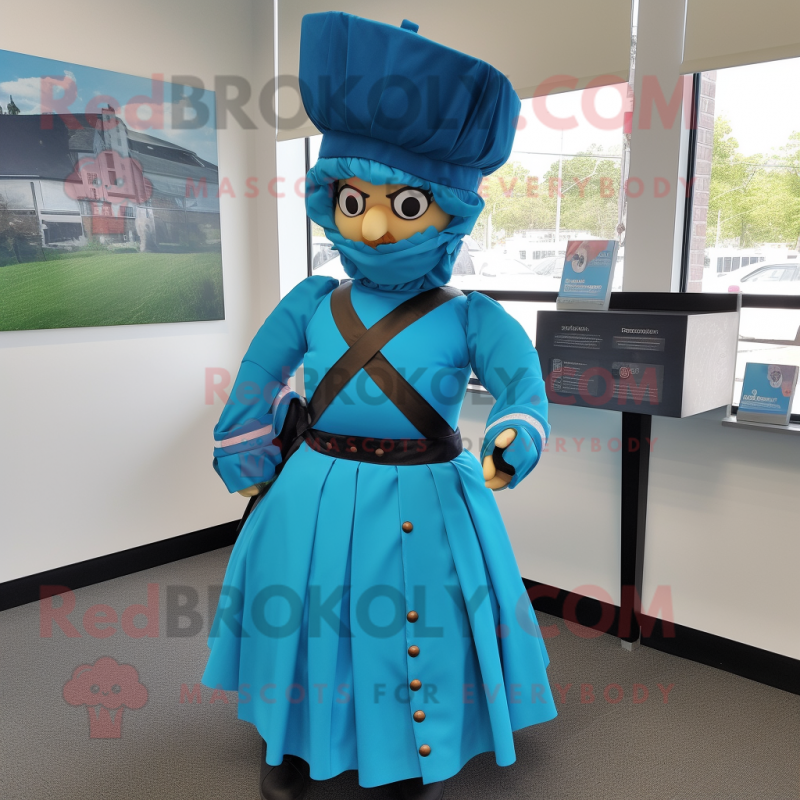 Cyan Civil War Soldier mascot costume character dressed with a Wrap Skirt and Necklaces