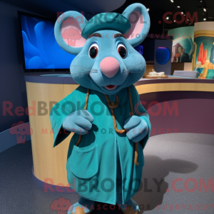 Maskotkarakter af en cyan...