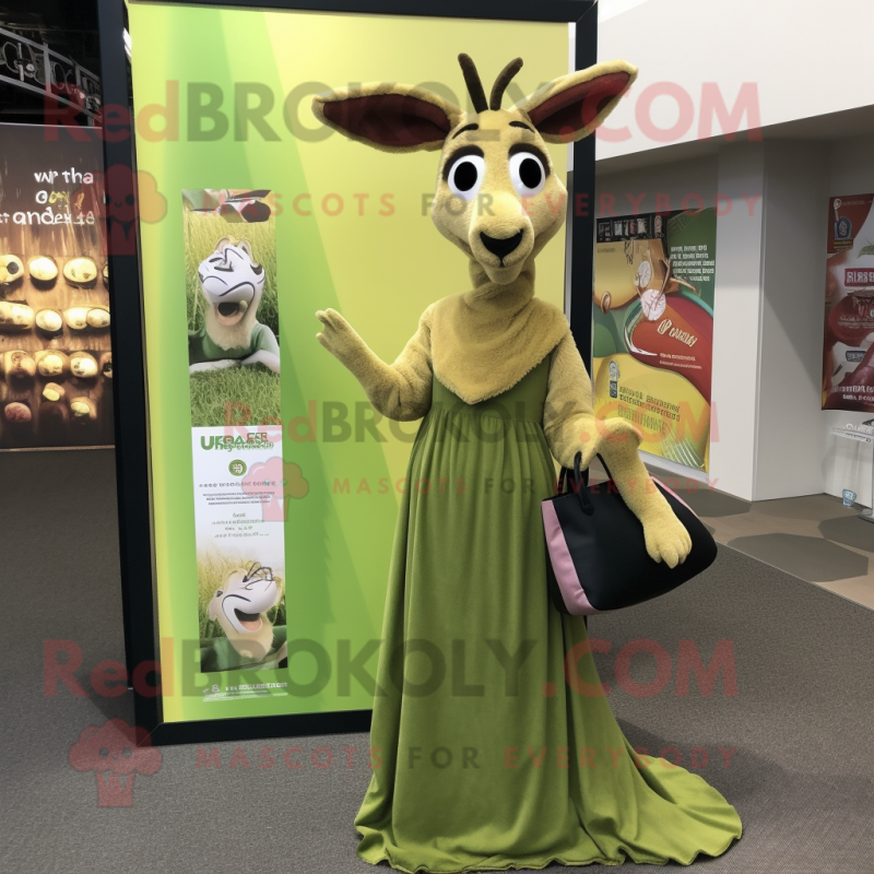 Olive Gazelle mascot costume character dressed with a Maxi Dress and Clutch bags Olive Gazelle mascot costume character dressed with a Maxi Dress and Clutch bags