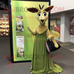 Olive Gazelle mascot costume character dressed with a Maxi Dress and Clutch bags