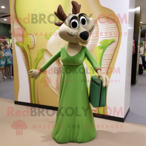 Olive Gazelle mascot costume character dressed with a Maxi Dress and Clutch bags