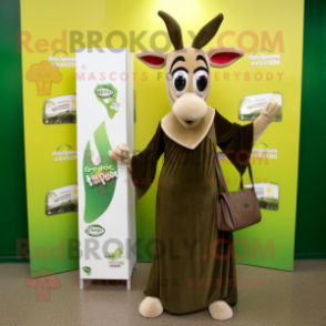 Olive Gazelle mascot costume character dressed with a Maxi Dress and Clutch bags