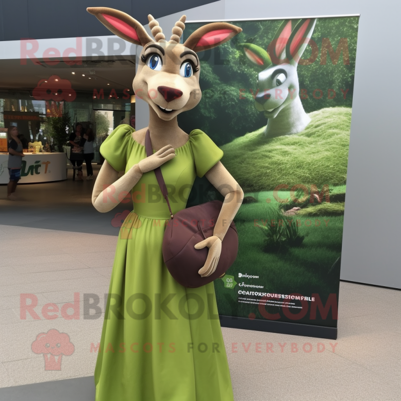 Olive Gazelle mascot costume character dressed with a Maxi Dress and Clutch bags