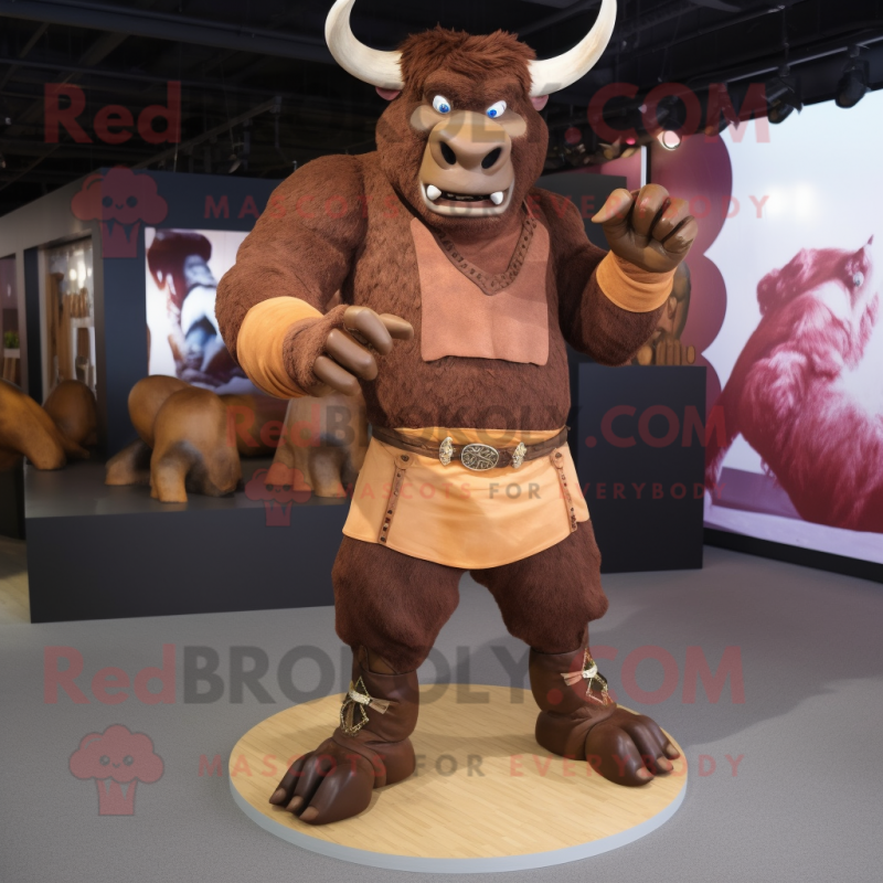 Brown Minotaur mascot costume character dressed with a Shorts and Belts