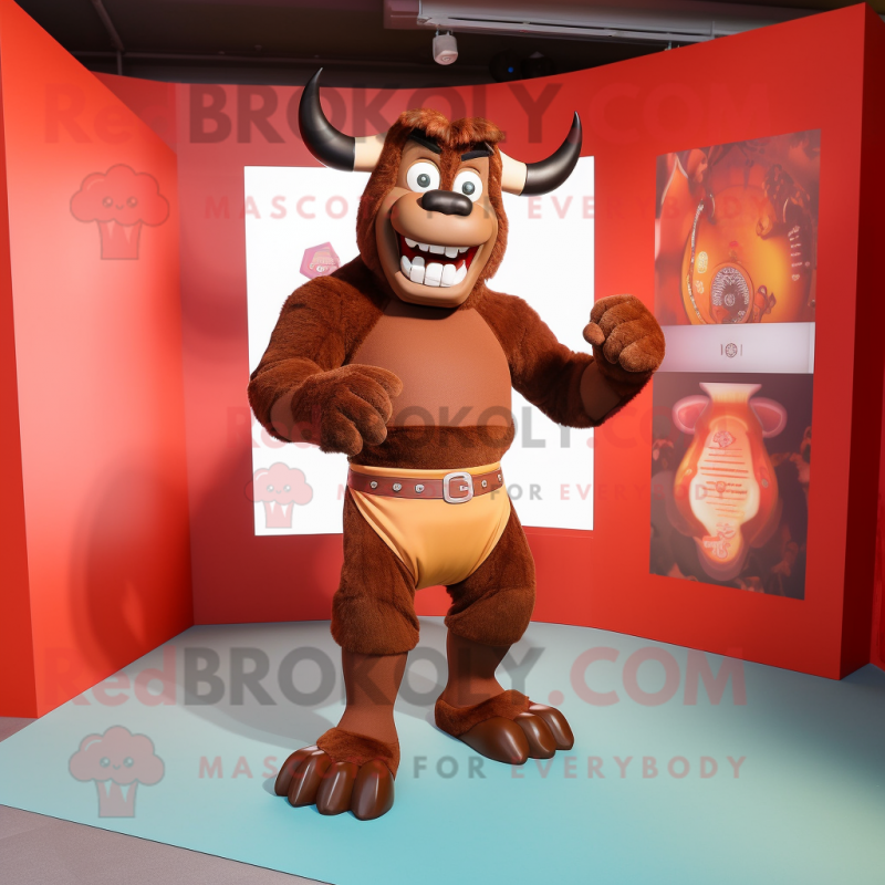 Brown Minotaur mascot costume character dressed with a Shorts and Belts