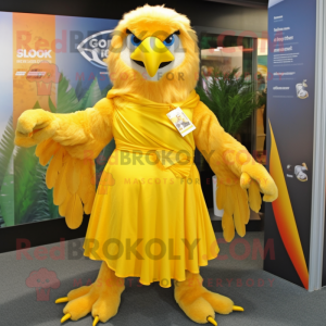 Yellow Eagle mascot costume character dressed with a Wrap Dress and Shawl pins