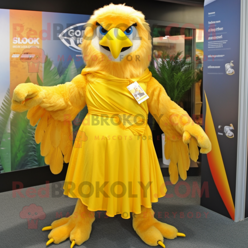 Yellow Eagle mascot costume character dressed with a Wrap Dress and Shawl pins Yellow Eagle mascot costume character dressed with a Wrap Dress and Shawl pins