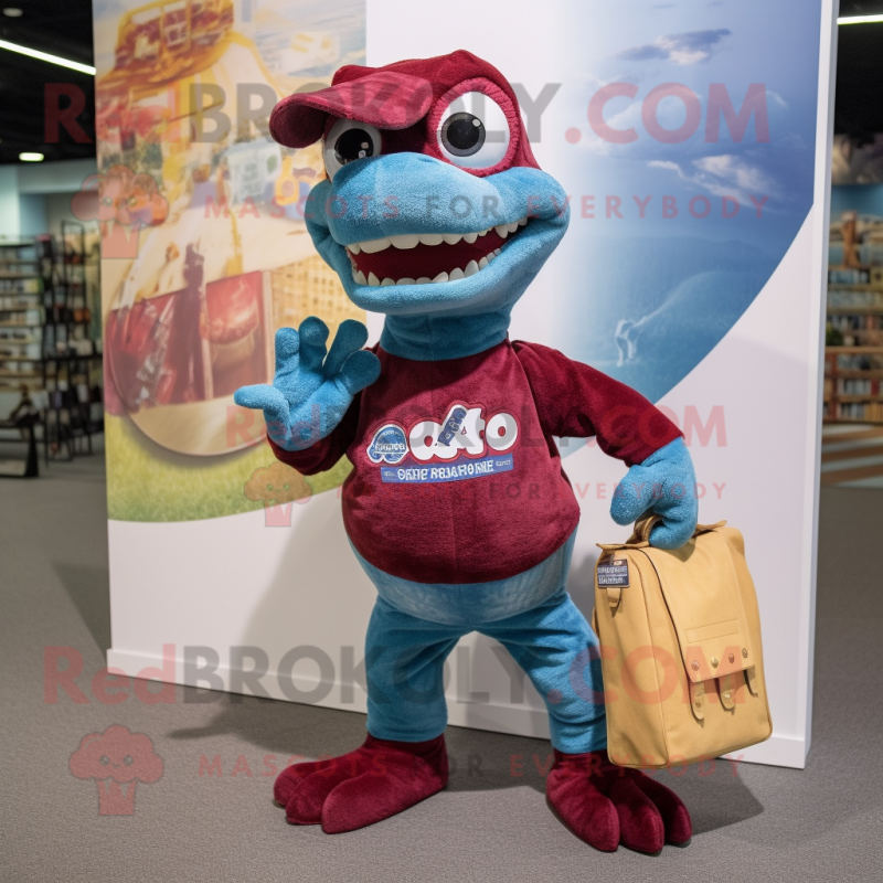 Maroon Lizard mascot costume character dressed with a Denim Shorts and Tote bags