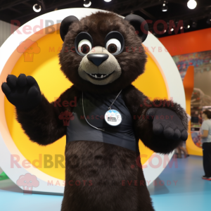 Black Mongoose mascot costume character dressed with a Tank Top and Rings