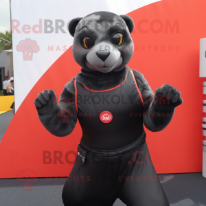 Black Mongoose mascot costume character dressed with a Tank Top and Rings