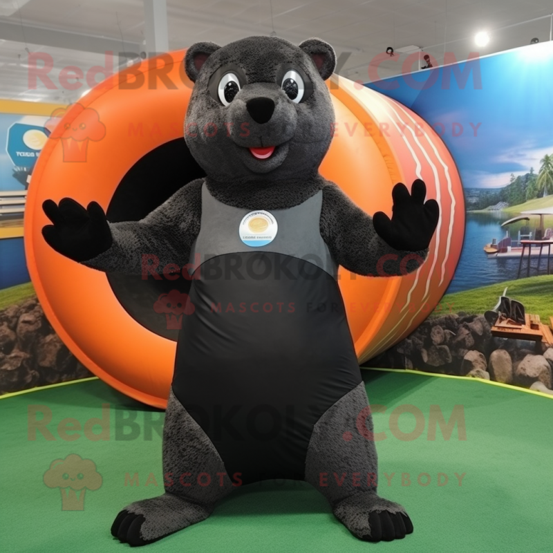 Black Mongoose mascot costume character dressed with a Tank Top and Rings