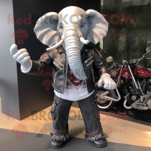 Silver Elephant mascot costume character dressed with a Biker Jacket and Hair clips