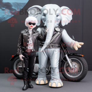 Silver Elephant mascot costume character dressed with a Biker Jacket and Hair clips