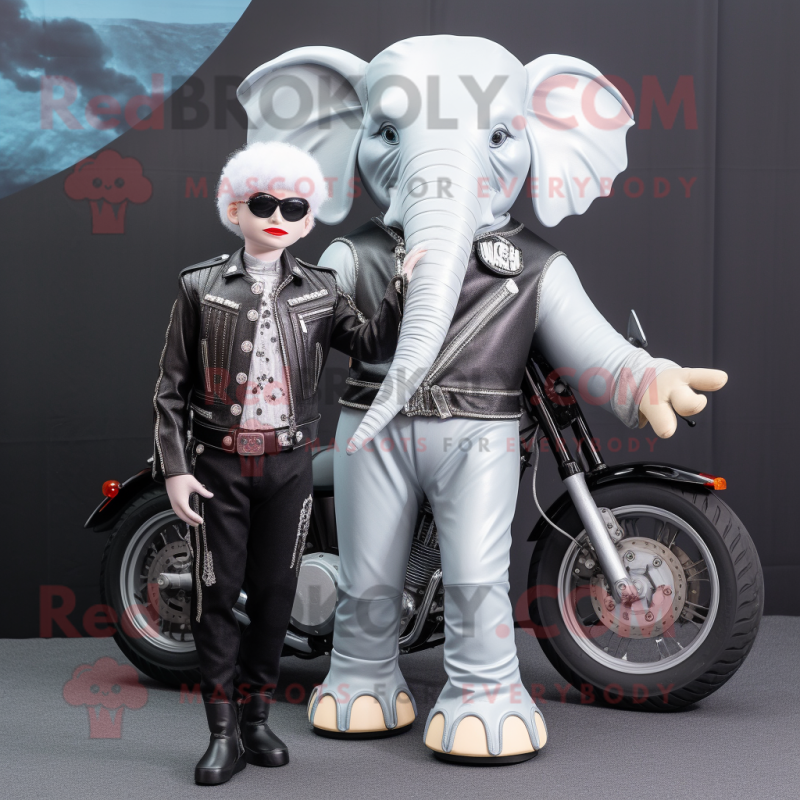 Silver Elephant mascot costume character dressed with a Biker Jacket and Hair clips