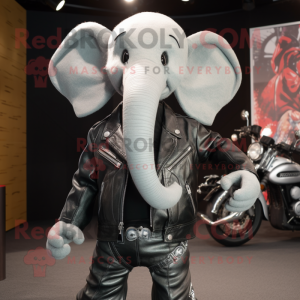 Silver Elephant mascot costume character dressed with a Biker Jacket and Hair clips