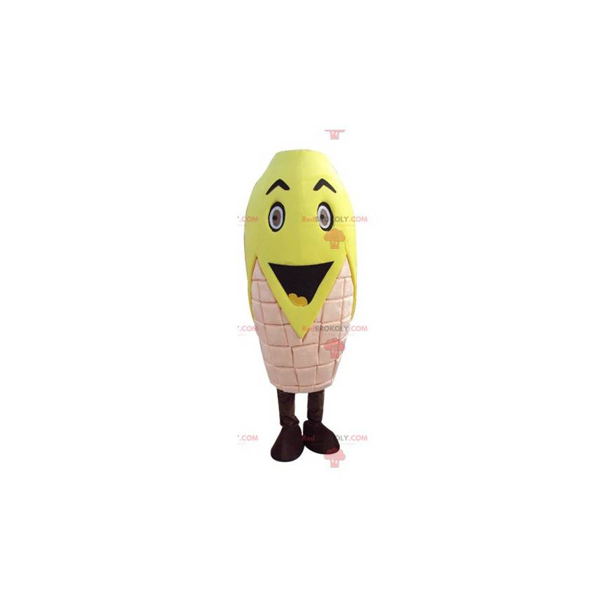 Impresionante mascota de mazorca de maíz amarilla y rosa -