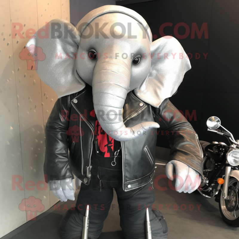 Silver Elephant mascot costume character dressed with a Biker Jacket and Hair clips