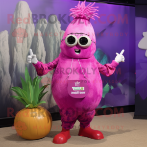 Magenta Turnip mascot costume character dressed with a Board Shorts and Necklaces
