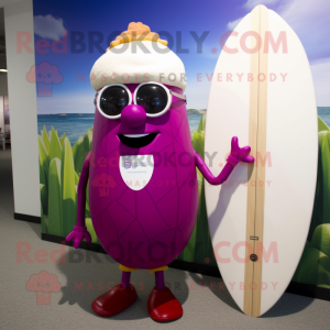 Magenta Turnip mascot costume character dressed with a Board Shorts and Necklaces