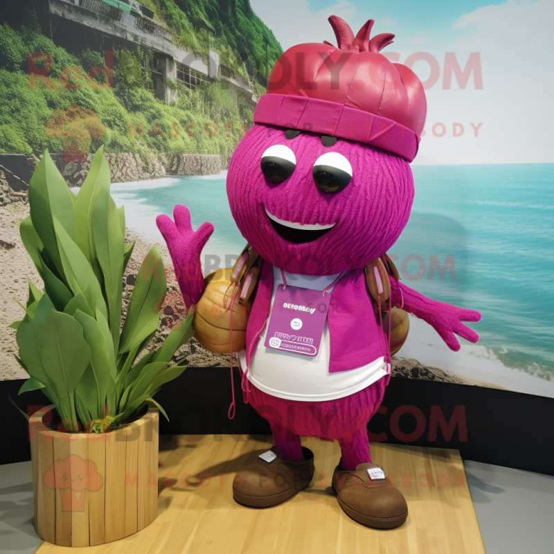 Magenta Turnip mascot costume character dressed with a Board Shorts and Necklaces