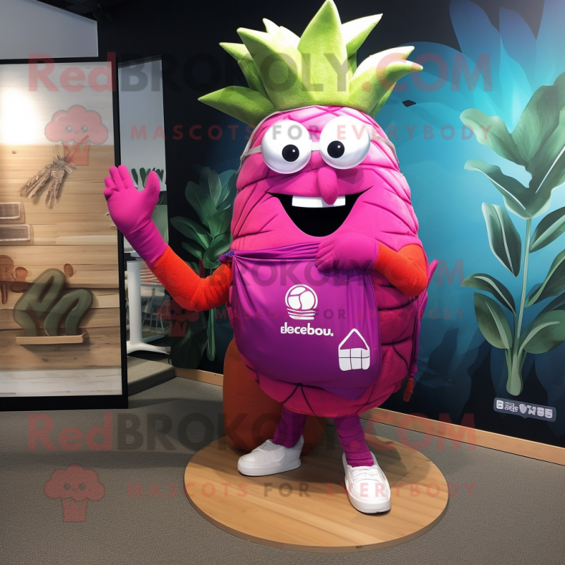 Magenta Turnip mascot costume character dressed with a Board Shorts and Necklaces