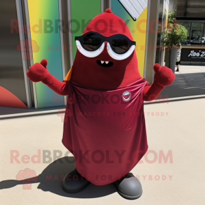 Maroon Zucchini mascot costume character dressed with a Wrap Skirt and Sunglasses