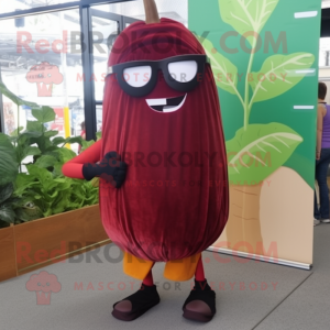 Maroon Zucchini mascot costume character dressed with a Wrap Skirt and Sunglasses