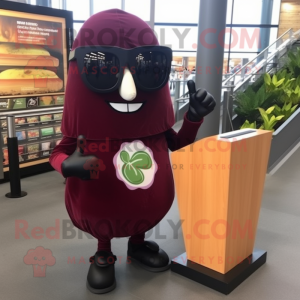 Maroon Zucchini mascot costume character dressed with a Wrap Skirt and Sunglasses