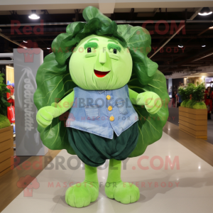Lime Green Cabbage Leaf mascot costume character dressed with a Denim Shorts and Hair clips