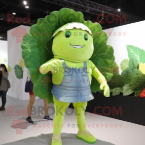 Lime Green Cabbage Leaf mascot costume character dressed with a Denim Shorts and Hair clips