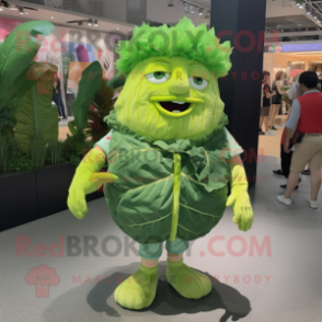 Lime Green Cabbage Leaf mascot costume character dressed with a Denim Shorts and Hair clips