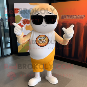 Cream Bagels mascot costume character dressed with a Henley Shirt and Sunglasses