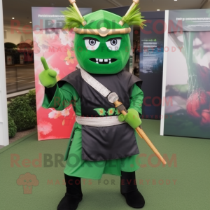Forest Green Samurai mascot costume character dressed with a Skinny Jeans and Headbands