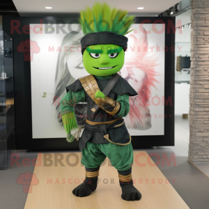 Forest Green Samurai mascot costume character dressed with a Skinny Jeans and Headbands