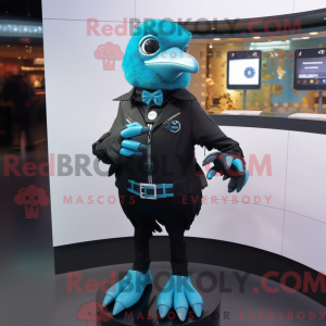 Maskotkarakter av en cyan...