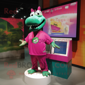 Magenta Crocodile mascot costume character dressed with a T-Shirt and Brooches