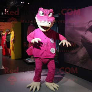 Magenta Crocodile mascot costume character dressed with a T-Shirt and Brooches