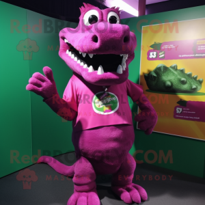 Magenta Crocodile mascot costume character dressed with a T-Shirt and Brooches