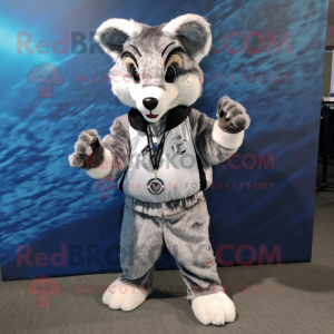 Silver Bobcat mascot costume character dressed with a Parka and Bracelets