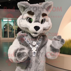 Silver Bobcat mascot costume character dressed with a Parka and Bracelets