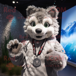 Silver Bobcat mascot costume character dressed with a Parka and Bracelets