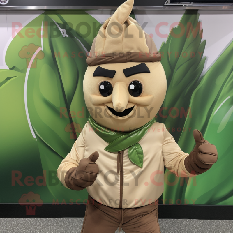 Tan Spinach mascot costume character dressed with a Leather Jacket and Headbands Tan Spinach mascot costume character dressed with a Leather Jacket and Headbands