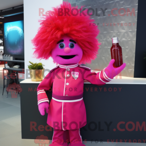 Maskotfigur af en magenta...