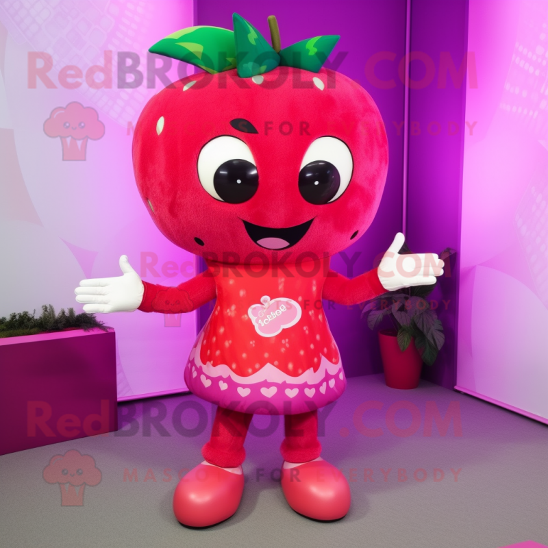 Magenta Strawberry mascot costume character dressed with a Bikini and Bracelets Magenta Strawberry mascot costume character dressed with a Bikini and Bracelets