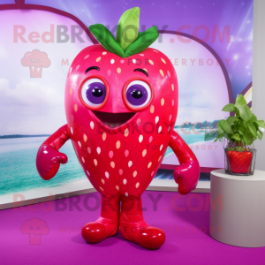 Magenta Strawberry mascot costume character dressed with a Bikini and Bracelets