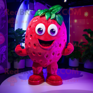 Magenta Strawberry mascot costume character dressed with a Bikini and Bracelets