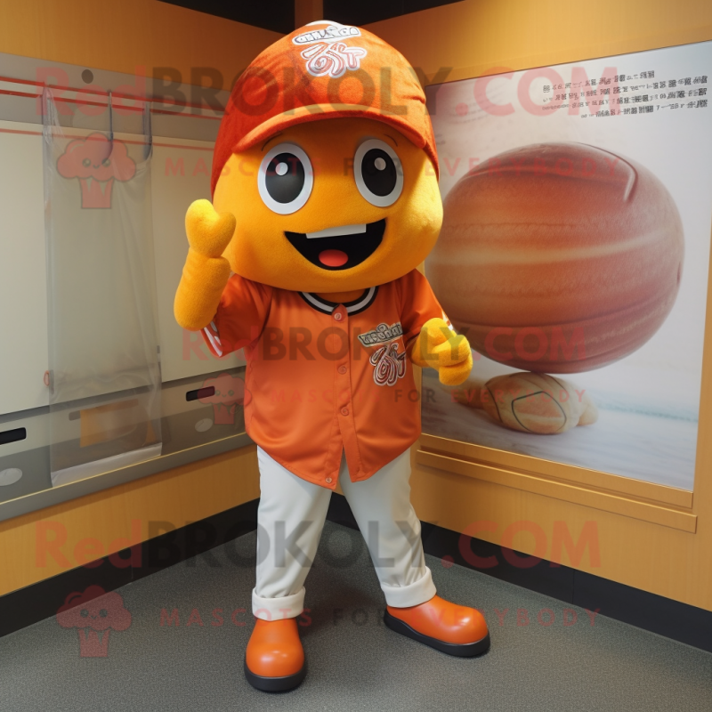 Orange Ramen mascot costume character dressed with a Baseball Tee and Shoe clips Orange Ramen mascot costume character dressed with a Baseball Tee and Shoe clips