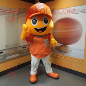 Orange Ramen mascot costume character dressed with a Baseball Tee and Shoe clips